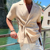 Riolio Summer Solid Color Linen Short-sleeved Shirt Suit Lapel Strap French Elegant Gentleman Loose Casual Simple Top Men's Clothing