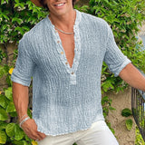 Riolio Vintage Solid Color Cotton Linen Men's Tops Spring Summer Casual Loose Half Sleeve Button V Neck Shirts Leisure Mens Shirt