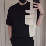 Riolio  Spliced short-sleeved T-shirts  Men's Fashion Trendy Tops Versatile Trendy Brand Half-sleeved Casual T-shirts