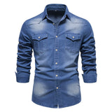 Riolio  Spring Autumn Vintage Solid Men Washed Denim Shirt Causal Full Sleeve Turn Down Collar Single Breasted Multi Pockets Shirts Man