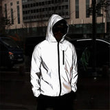 Riolio  Men's Outdoor Full Reflective Jacket Hooded Loose Windproof Night Shiny Coats Jackets Streetwear Fashion Windbreaker Men Women