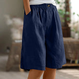 Riolio  Women's Fashion Solid Color Pants Pocket Button Up Capris Loose Elastic Waist Cotton Linen Shorts Pants for Women Women’s Pants