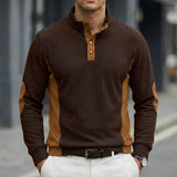 Riolio  Men's Ribbed Knit Long Sleeve Henley Shirt Stand Collar Contrast Color Splice Casual Top with Multiple Color Options
