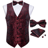 Riolio Luxury Black Paisley Silk Suit Vest for Men Bow Tie Handkerchief Cufflinks Wedding Party Formal Tuxedo Waistcoat