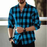 Riolio New Polo Collar 3D Printed Casual Slim Fit Long Sleeve Checkered Digital Printed Shirt Men's Shirt Comfortable Fabric