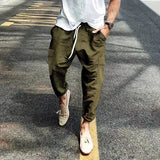 Riolio  Men's Striped Linen Blend Harem Pants Elastic Waist Drawstring Casual Trousers
