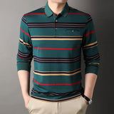 Riolio  Men's Spring Autumn New Striped Long Sleeve Pockets Button Tees Turn-down Collar Pullover Polo Shirt Business Casual Loose Tops