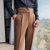 Riolio British Style Autumn New Solid High Waist Trousers Men Formal Pants High Quality Slim Fit Business Casual Suit Pants Hommes