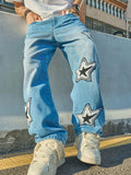 Riolio  American Retro Letter and Star Embroidered Jeans with a Street-Style Niche Design, Loose Wide-Leg Versatile Scimitar Pants, Trendy