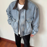 Riolio  New Autumn Winter Men Denim Jacket Color Block Collar Fashion Large Pockets Outdoor Casual Coat Streetwear Trending Outerwear