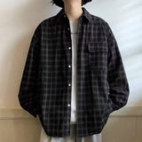 Riolio Autumn Plaid Corduroy Men Shirts New Y2K Streetwear Workwear Blouses Retro Long Sleeve Cargo Shirt Loose Casual Tops