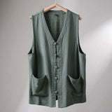 Riolio  Men's Linen Vest Summer Chinese Style Frog Button V Neck Sleeveless Loose Casual Waistcoat