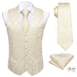 Riolio 4PC Mens Extra Silk Vest Party Wedding Gold Paisley Solid Floral Waistcoat Vest Pocket Square Tie Suit Set