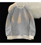 Riolio  Men's Tri-color Striped Sweatshirt American Classic Style Retro Casual Round Neck Top Unisex College Style Trendy Menswear