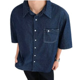 Riolio  Dark Blue Denim Shirt Men and Women Japanese Vintage City Boy Oversized Loose Casual Summer Lapel Buttons Shirt Top