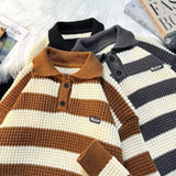 Riolio  American autumn and winter street fashion men and women collar striped sweater couple loose retro casual knitted Harajuku top