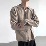 Riolio New Korean Fashion Men Cardigan Jacket Light Luxury Knitted Polo Neck Long Sleeve Sweater Coat Casual Retro Solid Color Knitwear