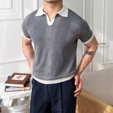 Riolio  Classic Mens Knitted Polo Shirts Slim Fit Short Sleeve Patchwork Polo Neck T Shirt  Summer Casual Breathable Knit Polo Shirt
