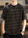 Riolio  New Striped Summer Loose American Trendy T Shirt Round Neck Casual Short Sleeve Top for Men
