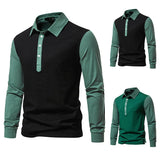 Riolio  Men's Color Block Long Sleeve Polo Shirt Contrast Collar Button Placket Casual Golf Top