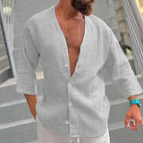 Riolio  Summer Fashion Solid Shirts For Men Top Casual Loose Simple Retro Cardigan Quarter Sleeves Pullover Waffle Shirts Male Clothing