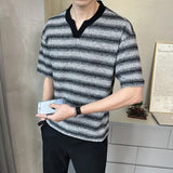 Riolio  Fashion Men Striped Contrast Color Loose Knit Sweater T-shirts Trendy Casual Short Sleeves Pullover Male Summer