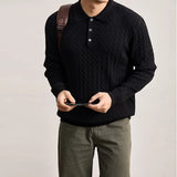 Riolio  Men Vintage Cable Twist Textured Knit Long Sleeve Polo Shirts Lapel Collar 3 Buttons Soft Skin Friendly Cotton Business Tops