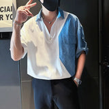 Riolio  Handsome Men's Half-sleeved Shirts Trendy and Fashionable Clothes  Men's Short-sleeved Denim Splicing Tops  Men