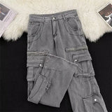 Riolio Men Straight Leg Cargo Workwear Jeans Multi Pocket Tactical Pants Durable Denim Trousers Outdoor Utility Casual Mens loose pants