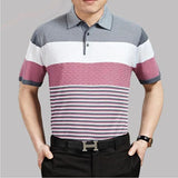 Riolio  Summer Middle-aged Elderly Men's Trend Lapel Button Printed Geometric Striped Pullover Casual Loose Short Sleeved T-shirts Tops