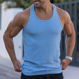 Riolio  Casual Solid Color Woven Tank Tops Men Fashion Slim Fit Crew Neck Sleeveless Vest For Mens Sports Training Fitness Ribbed Tops