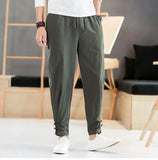 Riolio  Retro Chinese Style Cotton and Linen Trousers for Men Loose Buckles Tying Feet Harun Casual Pants