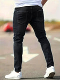 Riolio  Men's American Retro Hole-Punched Stretch Slim Fit Jeans Zipper Casual Streetwear Denim Pants Classic Black Blue Skinny Trousers