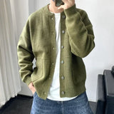 Riolio Man Clothes Round Collar Plain Knitted Sweaters for Men Crewneck Solid Color Cardigan Green Black Japanese Harajuku Fashion Neck