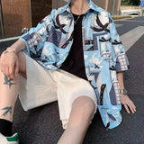 Riolio  New Men's Short-sleeved Anti-wrinkle High-end Pattern Harajuku Style Shirt Breathable