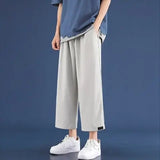 Riolio  Men Summer Thin Ice Silk Sports and Casual Straight Loose Wide-leg Cropped Pants