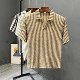 Riolio  Trendy Striped Men V Neck Polo Shirt Summer Fashion Short Sleeve Casual Tops High-End New Design Comfortable Wear