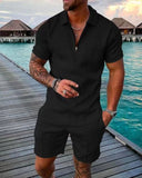 Riolio Men's Athletic T-Shirt Set Casual Mesh Lapel Short Sleeve Pullover Tops+Shorts 2-Piece Male Solid Thin Sporty Suits Black Zipper