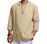 Riolio  Fashion New Men's V Neck 100% Cotton T-shirts Man Solid Color 3/4 Sleeves Split Button Tees Casual Loose T-Shirt For Male Tops