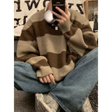 Riolio Korean style patchwork striped sweater for men in autumn and winter lazy loose knitted sweater round neck retro trendy sweater