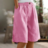 Riolio  Women's Fashion Solid Color Pants Pocket Button Up Capris Loose Elastic Waist Cotton Linen Shorts Pants for Women Women’s Pants