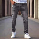 Riolio  Men's American Retro Hole-Punched Stretch Slim Fit Jeans Zipper Casual Streetwear Denim Pants Classic Black Blue Skinny Trousers