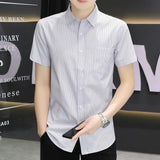 Riolio  New Ice Silk Short-sleeved Shirt for Men Summer Thin Korean Style Trendy Slim Cardigan Versatile Striped Top