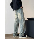 Riolio Men's Jeans Elastic waist pull rope Korean Fashion Spring Straight Denim Pants Washed Cotton Retro Wide Leg Jean Trousers