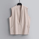Riolio  Plus Size 6XL-8XL Men's Cotton Linen Vest Traditional Chinese Frog Button Sleeveless Summer Breathable Streetwear Tank Tops
