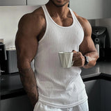 Riolio  Casual Solid Color Woven Tank Tops Men Fashion Slim Fit Crew Neck Sleeveless Vest For Mens Sports Training Fitness Ribbed Tops