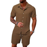 Riolio Spring And Summer New Sports Men's Polo Casual Solid Color Loose Short-sleeved Drawstring Shorts Cardigan Striped Sports Suit