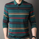 Riolio  Men's Spring Autumn New Striped Long Sleeve Pockets Button Tees Turn-down Collar Pullover Polo Shirt Business Casual Loose Tops