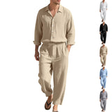 Riolio  American Four Seasons Linen Men's Casual Loose Beach Sunscreen Long Sleeve Shirt Pants Set