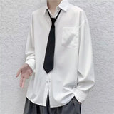 Riolio White Solid Shirts With Tie Men's Oversize Long Sleeve Casual Cardigan Fashion Spring Autumn Blouses Unisex Daily All-match Tops